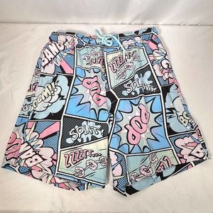 Oh Snap Comic Strip Swim Trunks Shorts Mens M Boom Pow Blue Pink HTF
